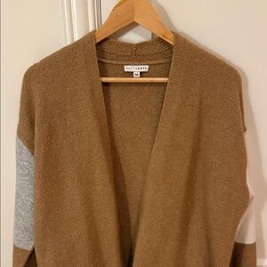 Baltic Born Camel Open-Front Cardigan with Gray and Cream Sleeves